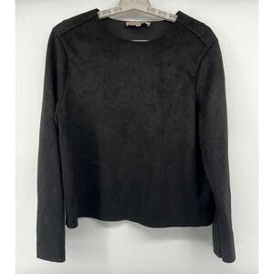 Philosophy Black Faux Leather Trim Blouse Large Long Sleeve Minimalist